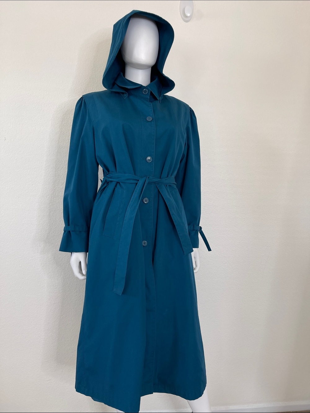 Hooded Teal Long Trench Coat with Self-Tie Belt
